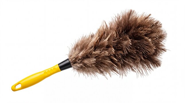 Fluffy brown feather duster featuring a bright yellow plastic handle designed for effective home cleaning maintenance shown on white background