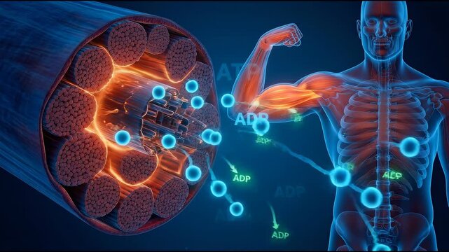 Bioenergetics concept ,Muscle contraction fibers with ATP and ADP molecules showing energy release human muscle tissue anatomy