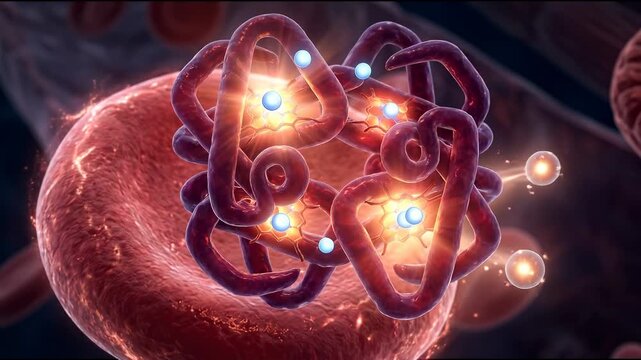 Bioenergetics concept ,Oxygen binding hemoglobin glow red blood cell molecular structure bloodstream oxygen transport blood flow