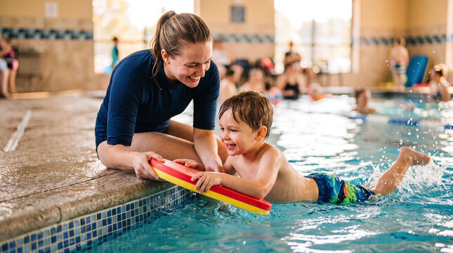 Smiling little boy learning to swim with female instructor in indoor pool