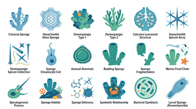 Biology Sponges Flat Vector Icons Set: Marine Organisms, Anatomy, Life Cycle, Reproduction, and Defenses