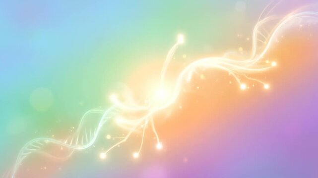 Soft gradient energy background with glowing light strands, sparkles, flowing wave, and DNA particles creating vibrant dynamic