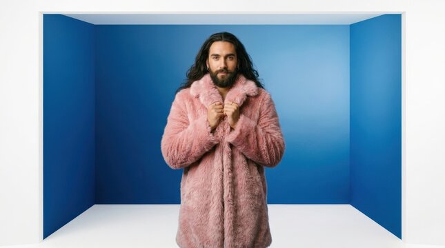 Stylish man with long hair and beard wearing a fluffy pink coat standing in a studio with a blue wall background