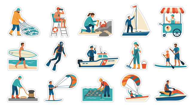 Flat Vector Characters: Coastal  Maritime Professions, Water Sports  Beach Activities Set