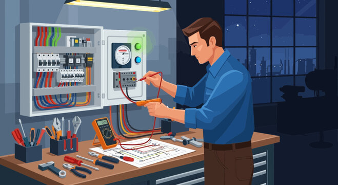 Electrician testing electrical panel with multimeter, blueprints on desk