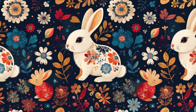 Cute Cartoon Rabbit Batik Pattern with Colorful Floral Motifs
