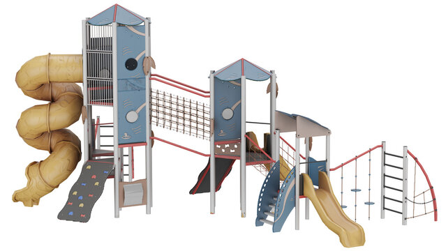3d rendering low poly kids playground with slides and climbing areas
