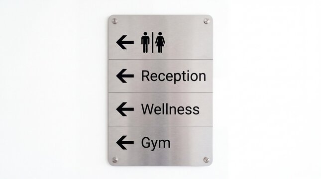 Brushed metal directory sign showing directions to gym wellness reception and restrooms mounted flat against a plain clean on white background