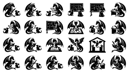 Fototapeta premium Black and White Glyph Icons of Dragon Students and Teachers Learning, Reading, and Studying for Education.