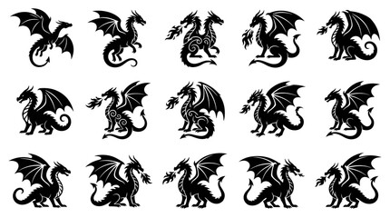 Obraz premium Mythological Fantasy Dragons Silhouettes Vector Icons Set. Legendary Creatures Collection.