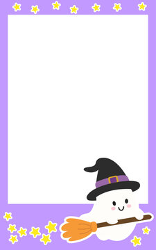 Cute Halloween Witch Ghost Frame with Broom and Stars, Spooky Vector Illustration