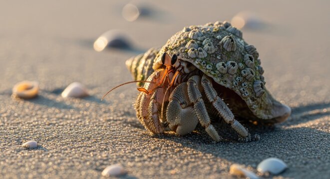 Close-up of a hermit crab on a sandy beach.