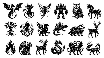 Fototapeta premium Fantasy Creatures and Magic Symbols Black White Glyph Set. Mythology, Mystical Animals Vector Icons.