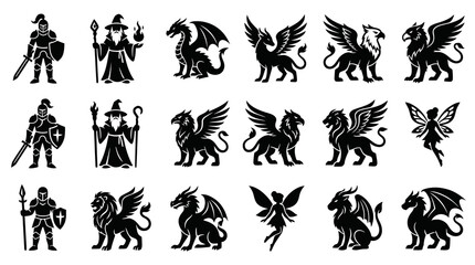 Obraz premium Fantasy RPG Creatures and Characters Glyph Vector Icons. Medieval Knight, Wizard, Dragon, Griffin, Fairy Silhouette Set.