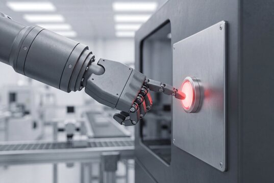 Industrial Robot Arm Pressing Illuminated Button