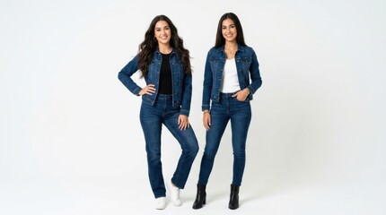 Obraz premium Two happy young women standing together wearing stylish denim jackets and jeans