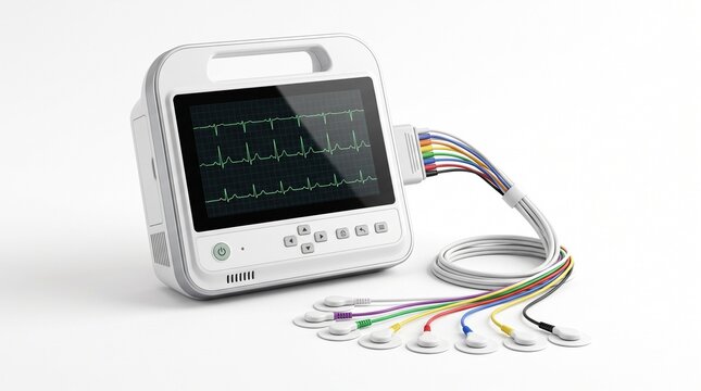 Medical patient monitor device with heart rate screen display and colorful leads for hospital health care checking