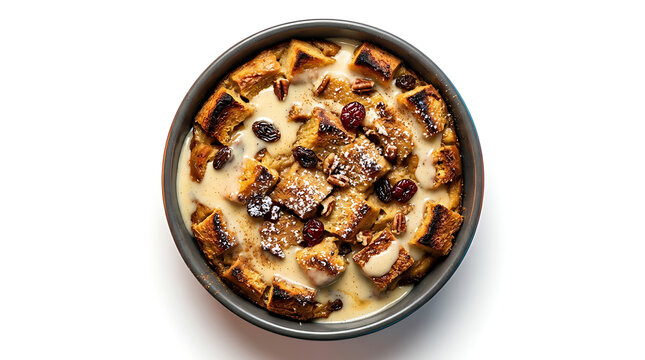 Delicious Bread Pudding Dessert Topped with Cream Sauce and Berries in a Round Baking Dish Ready for Serving
