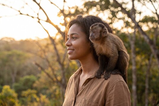 Woman Observing Monkey on Shoulder in Natural Outdoor Setting