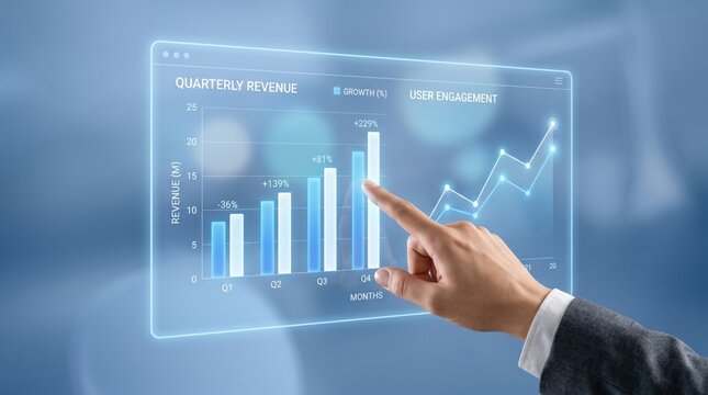 Businessman analyzing quarterly revenue growth chart on virtual screen, financial success report and user engagement metrics for corporate strategy.
