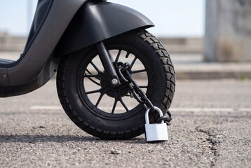 Fototapeta premium Robust Chain and Padlock Securing Scooter Wheel