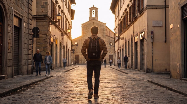 Back view of male tourist with backpack walking along ancient stone-paved street toward historic church with bell tower during golden hour