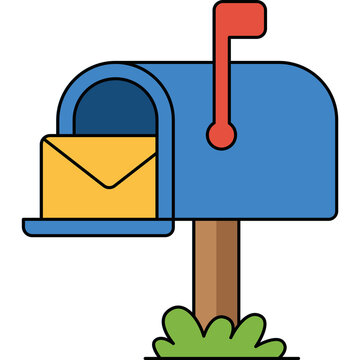 Flat vector graphic of a blue mailbox on a wooden post, featuring a yellow envelope inside and a raised red flag, set against a dark background.