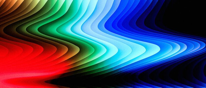 Abstract background featuring vibrant flowing waves of rainbow colors blending into a deep black space backdrop