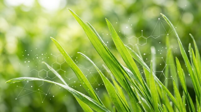 Close up of fresh green grass blades with abstract chemical molecular structure overlay, representing natural science, biology, ecology and organic chemistry researchs in nature.