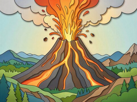 Paper Cut Volcano Eruption Illustration &ndash; Exploding Mountain with Flowing Lava and Forest Landscape