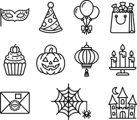 Naklejka premium Halloween Icons Collection Line Art Style On White Background holiday