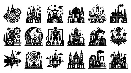 Fototapeta premium Steampunk Icons: Castles, Robots, Dragons, Rockets, Factories, Alchemy