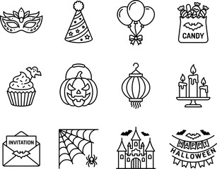 Fototapeta premium Halloween Line Icons Set On White Background Featuring Masks And Treats