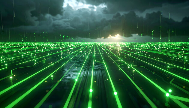 Futuristic digital landscape with lines of glowing green circuits stretching toward a storm. A bright light shines behind clouds