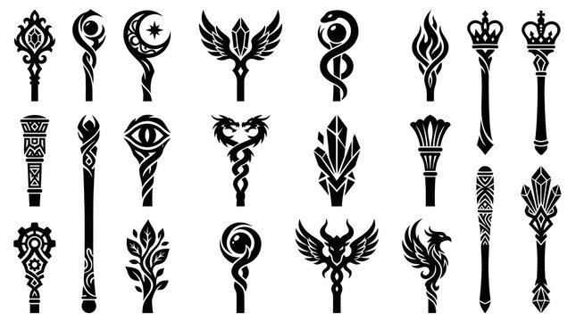 Fantasy Magic Staff Scepter Wand Head Glyphs. Mystical RPG Icons. Black  White Vector Set of Esoteric Emblems.