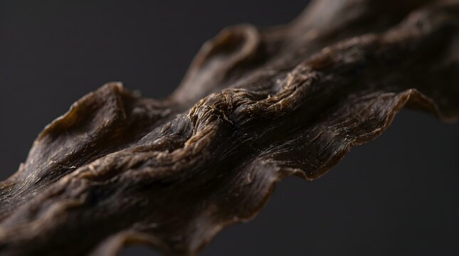 Macro shot of dried brown seaweed kelp kombu ingredient on dark background for cooking.