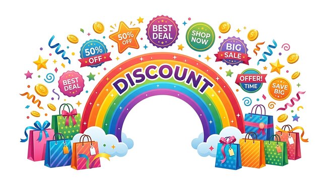 Colorful rainbow discount arch with shopping bags and festive sale badges for retail events