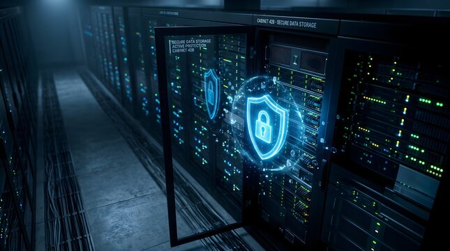 Cybersecurity shield icon in modern data center, secure server room with digital protection, cloud computing network safety