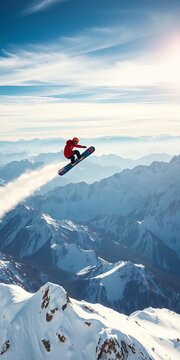 Airborne snowboarder soaring over mountain terrain, snowboarding, powder skiing