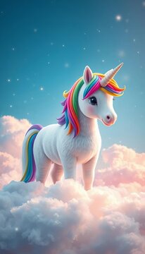 Fluffy unicorn with rainbow mane standing on fluffy clouds, surrounded by sparkles, sparkly, flat design