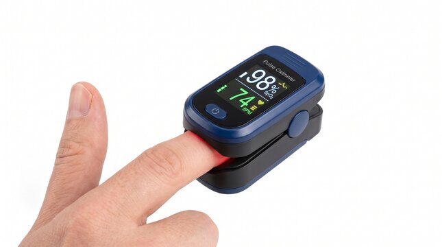 Digital pulse oximeter device measuring oxygen saturation levels on a person finger for health monitoring