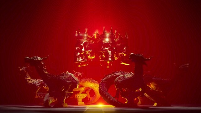 3D Render of Fiery Red Crowned Skull Floating in Gothic Temple