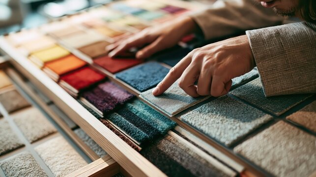 Designer pointing at carpet samples and textile swatches in showroom designer touching