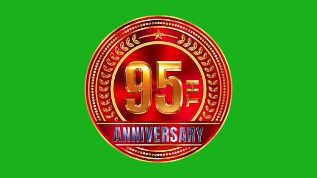 Crimson conical shimmer 95th milestone emblem with polished gold wreath border and sharp lens flare highlights 4k video