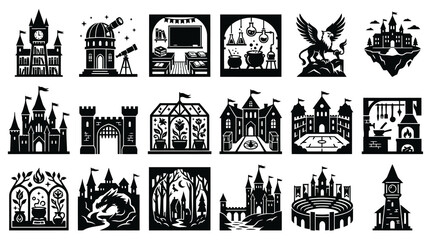 Fototapeta premium Fantasy Magic School Buildings and Elements Black Glyph Icons. Castles, Labs, Observatory, Dragon Griffin.