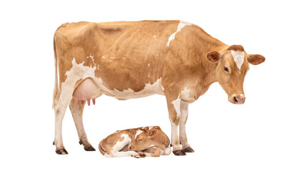 Brown and white jersey cow standing next to sleeping calf on png isolated on transparent background © PNG Studio 99
