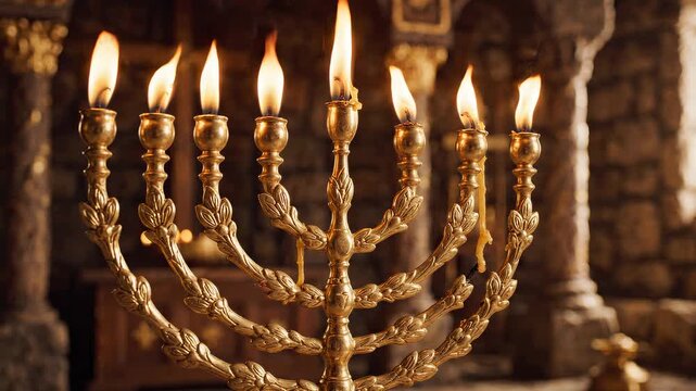 A beautifully crafted golden menorah with seven lit candles glows warmly in an ancient, sacred setting. The flickering flames cast a serene light, symbolizing tradition and faith within a historic 