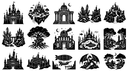 Fototapeta premium Black White Fantasy Castles, Mountains, Dragon, Airship Vector Set