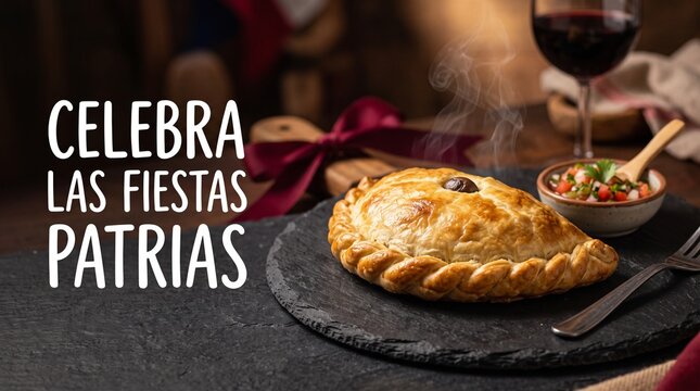 Empanada chilena con vino y pebre en pizarra de piedra para cartel de celebraci&oacute;n de Fiestas Patrias