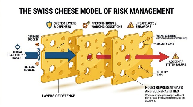 Swiss cheese model of risk management diagram showing multiple layers of defense with security gaps and threat trajectory